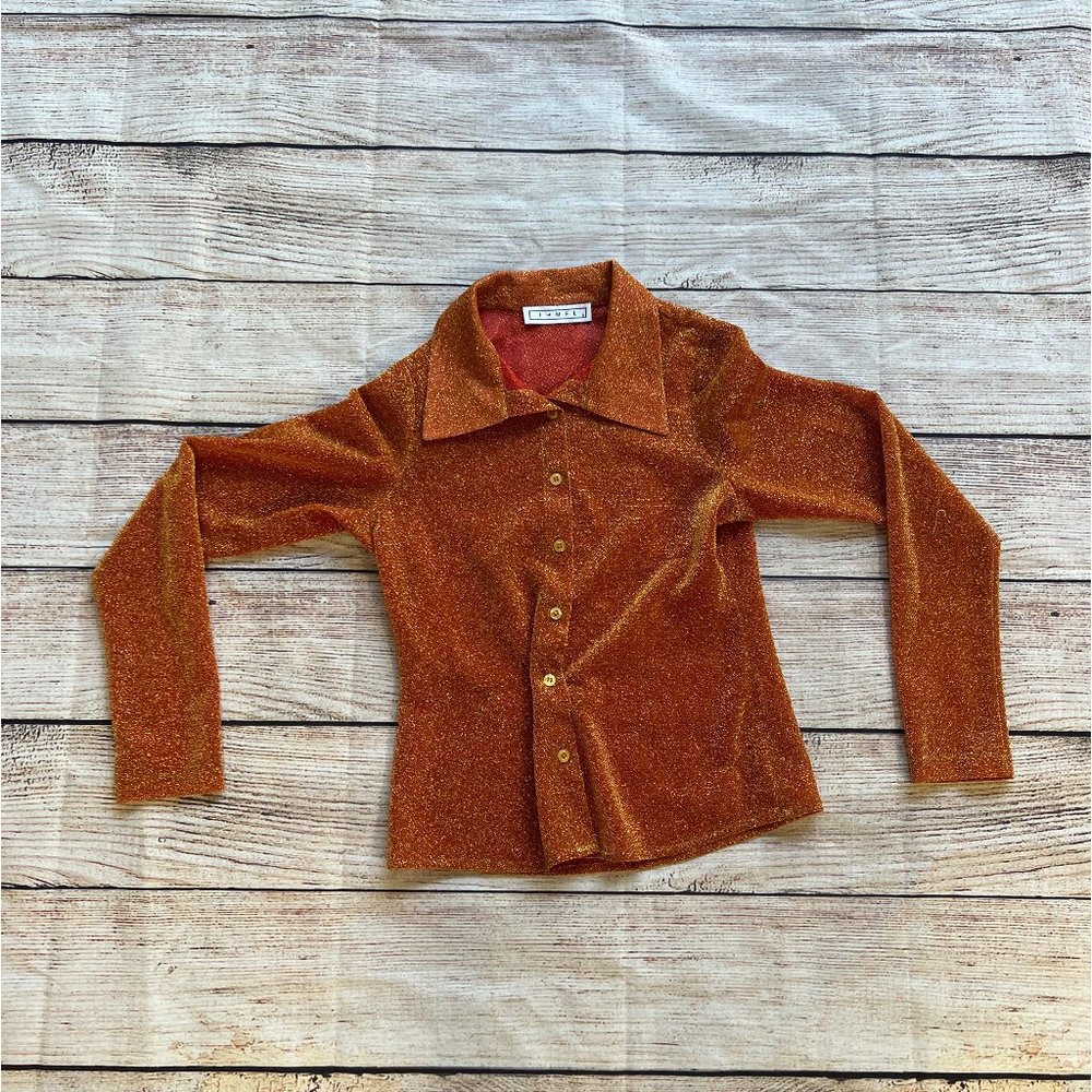 NWOT ITMFL In The Mood For Love Metallic Button Up Shirt in Salamander Red